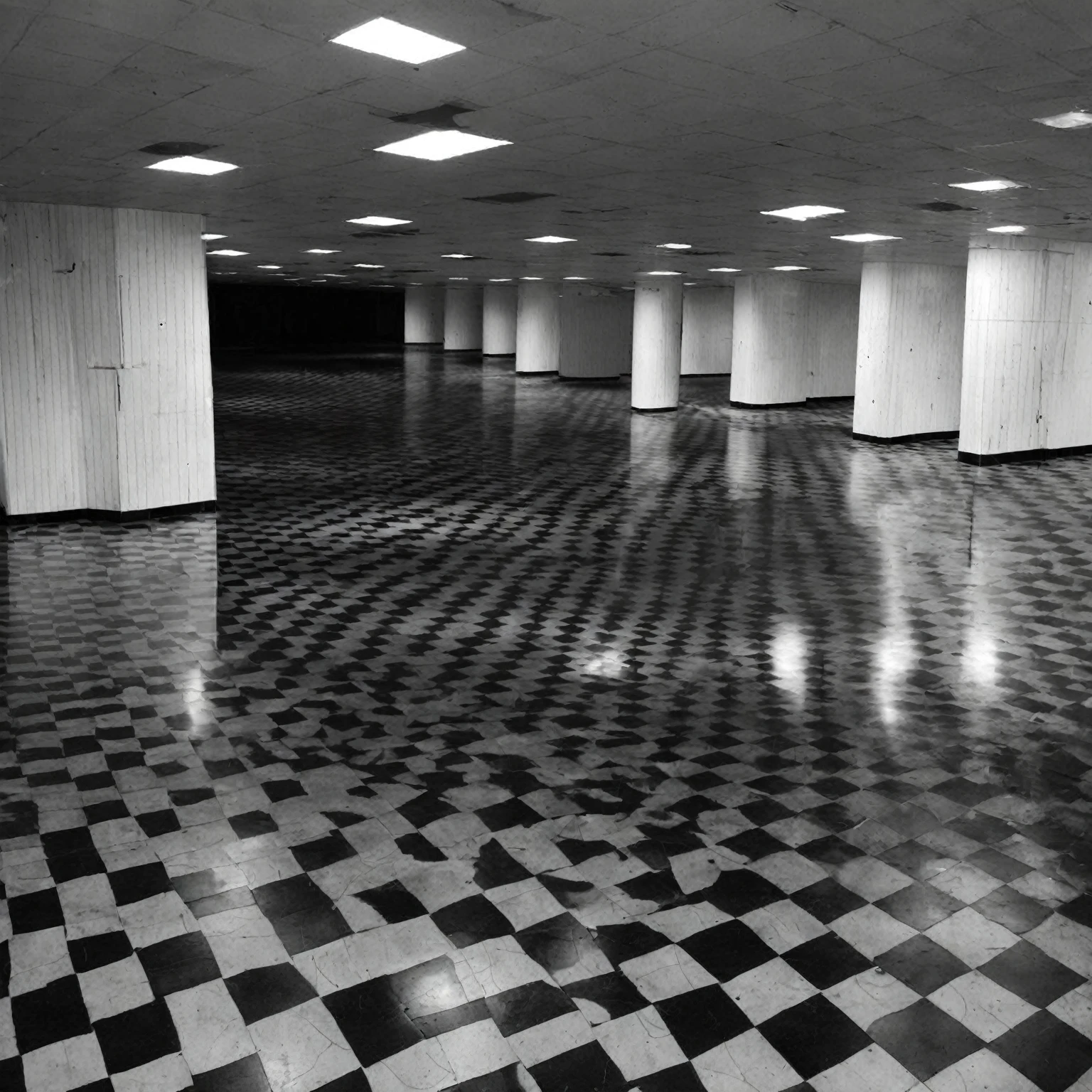 a place with the sky completely black and the ground with black and white checkered floors and some holes in those floors, an infinite place,liminalspaces,photorealistic