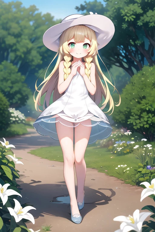 1 girl, masterpiece, top quality, lillie (pokemon), lillie, dress, green eyes, blonde hair, long hair, white dress, blush, white hat, big hat, looking at viewer, ************, braids, twin braids, blonde, Full body image, wave hands, with one hand, outdoors, nature, sky, cute, happy, nice smile, young, bright sunlight, lily flower, have flowers, white lily, (masterpiece:1.2), best quality, high resolution, unity 8k wallpaper, (illustration:0.8), (beautiful detailed eyes:1.6), extremely detailed face, perfect lighting, extremely detailed CG, (perfect hands, perfect anatomy),