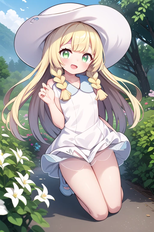 1 girl, masterpiece, top quality, lillie (pokemon), lillie, dress, green eyes, blonde hair, long hair, white dress, blush, white hat, big hat, looking at viewer, 10 years old, braids, twin braids, blonde, Full body image, wave hands, with one hand, outdoors, nature, sky, cute, happy, nice smile, young, bright sunlight, lily flower, have flowers, white lily, (masterpiece:1.2), best quality, high resolution, unity 8k wallpaper, (illustration:0.8), (beautiful detailed eyes:1.6), extremely detailed face, perfect lighting, extremely detailed CG, (perfect hands, perfect anatomy),