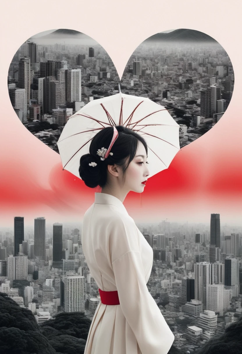 **Horizontal triptych Fusion Collage, multiple Exposure (Japanese Skyline, Heart, Love, Umbrella, Beauty), maximalist Environment, surreal Geisha Illusion portrait, minimalist and ethereal, Red black white, boundaries dissolve the face of a woman in quiet contemplation, the delicate features disappear at the edges, dadaism woven through the simplistic forms abstract dreamscapes that echo surrealism woven through bizarre neoclassical simplicity