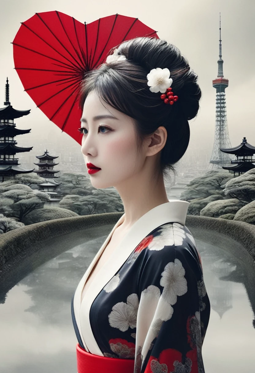 **Horizontal triptych Fusion Collage, multiple Exposure (Japanese Skyline, Heart, Love, Umbrella, Beauty), maximalist Environment, surreal Geisha Illusion portrait, minimalist and ethereal, Red black white, boundaries dissolve the face of a woman in quiet contemplation, the delicate features disappear at the edges, dadaism woven through the simplistic forms abstract dreamscapes that echo surrealism woven through bizarre neoclassical simplicity