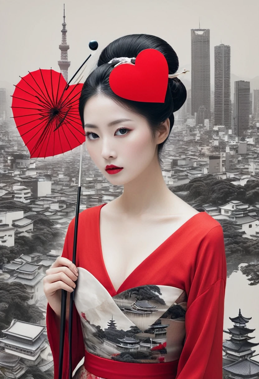 **Horizontal triptych Fusion Collage, multiple Exposure (Japanese Skyline, Heart, Love, Umbrella, Beauty), maximalist Environment, surreal Geisha Illusion portrait, minimalist and ethereal, Red black white, boundaries dissolve the face of a woman in quiet contemplation, the delicate features disappear at the edges, dadaism woven through the simplistic forms abstract dreamscapes that echo surrealism woven through bizarre neoclassical simplicity