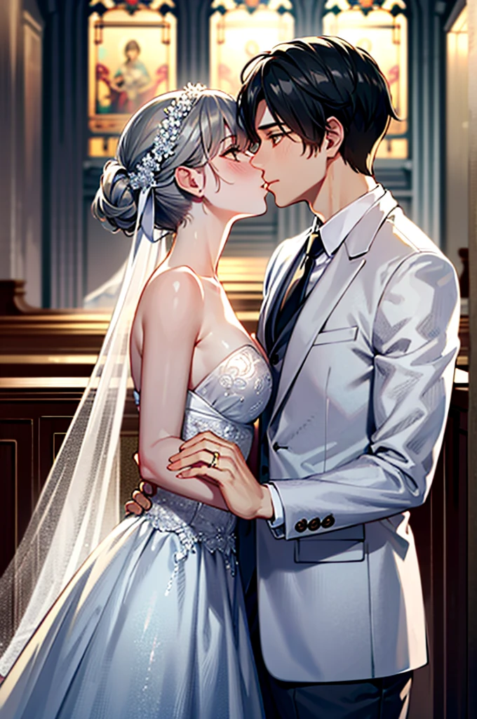 masterpiece, Best quality, masterpiece, Best quality, masterpiece, Best quality, masterpiece, Best quality, high quality, High detail, Ultra detail, HD, 4k, 4280x2240, depth field, (HDR:1.9), Correct anatomy, a masculine boy with short hair black hair abundant brown eyes with full wedding suit from groom to gentleman's suit and Palto flu pants and a girl with very long hair messy hair curly hair wavy hair (((silver hair))) high ponytail with yellow eyes in wedding dress, Dream wedding dress. love. Hand in hand looking at the New Year's sunset sunrise while kissing at church wedding with wedding rings on boy finger and wedding rings on girl finger and smiles, detail, ultra-detail, correct_position, correct_texture, correct_colors, correct_shading, correct_cgi, correct_body, correct_anatomy, correct_proportion, (correct_complete_body)
