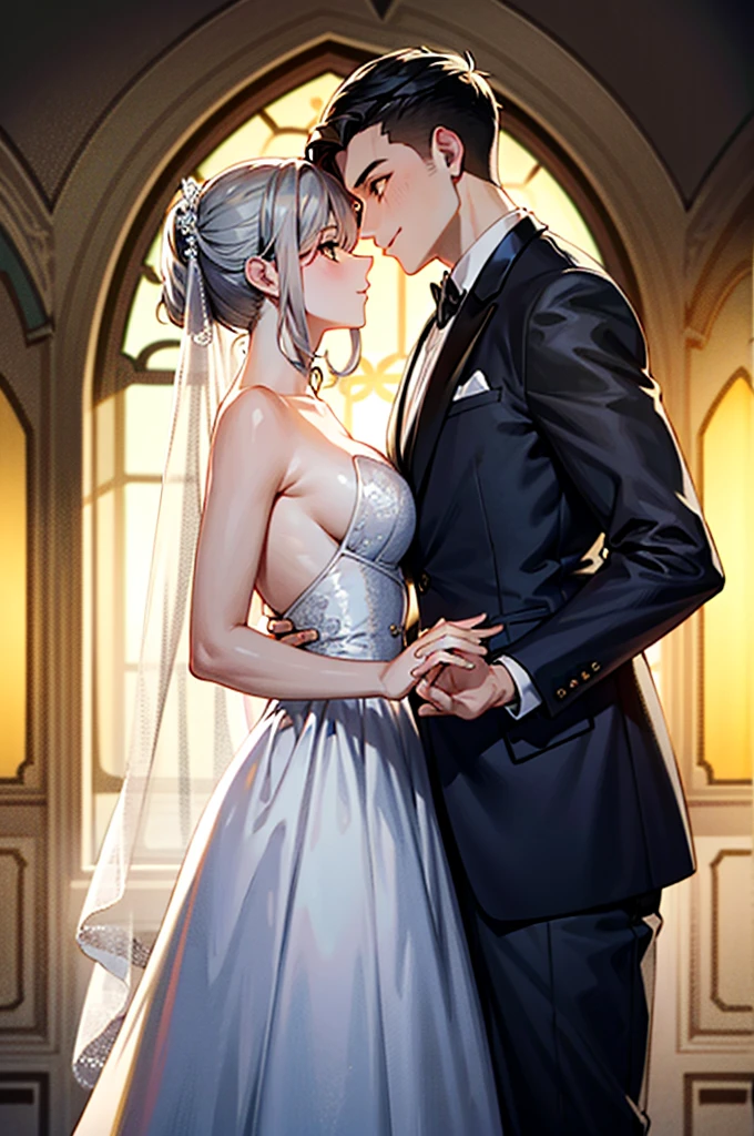 masterpiece, Best quality, masterpiece, Best quality, masterpiece, Best quality, masterpiece, Best quality, high quality, High detail, Ultra detail, HD, 4k, 4280x2240, depth field, (HDR:1.9), Correct anatomy, a masculine boy with short hair black hair abundant brown eyes with full wedding suit from groom to gentleman's suit and Palto flu pants and a girl with very long hair messy hair curly hair wavy hair (((silver hair))) high ponytail with yellow eyes in wedding dress, Dream wedding dress. love. Hand in hand looking at the New Year's sunset sunrise while kissing at church wedding with wedding rings on boy finger and wedding rings on girl finger and smiles, detail, ultra-detail, correct_position, correct_texture, correct_colors, correct_shading, correct_cgi, correct_body, correct_anatomy, correct_proportion, (correct_complete_body)