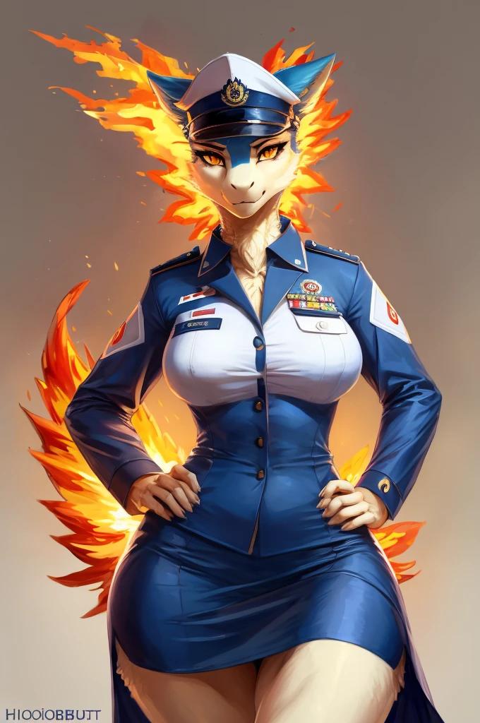 (masterpiece:1.2), (best quality:1.4), beautiful, high quality, (highres:1.1), detailed, extremely detailed 4K, perfect face, perfect lighting, (1girl, solo, adult female, mature female), (by bastika, by cutesexyrobutts, by hioshiru)
Typhlosion,
(fluffy fur, detailed fur, yellow eyes), muscular, (slim:1.4), (thin:1.3), (tall:1.2), [blue fur], fang, military uniform, breasts, tight clothes, tight skirt, (stern face), looking at viewer, white background,
OfficerA, dress jacket, tassels, OffierA military hat, (fire neck:1.2), epaulets, collared_shirt, hands on hips, thigh gap, (white uniform:1.5)