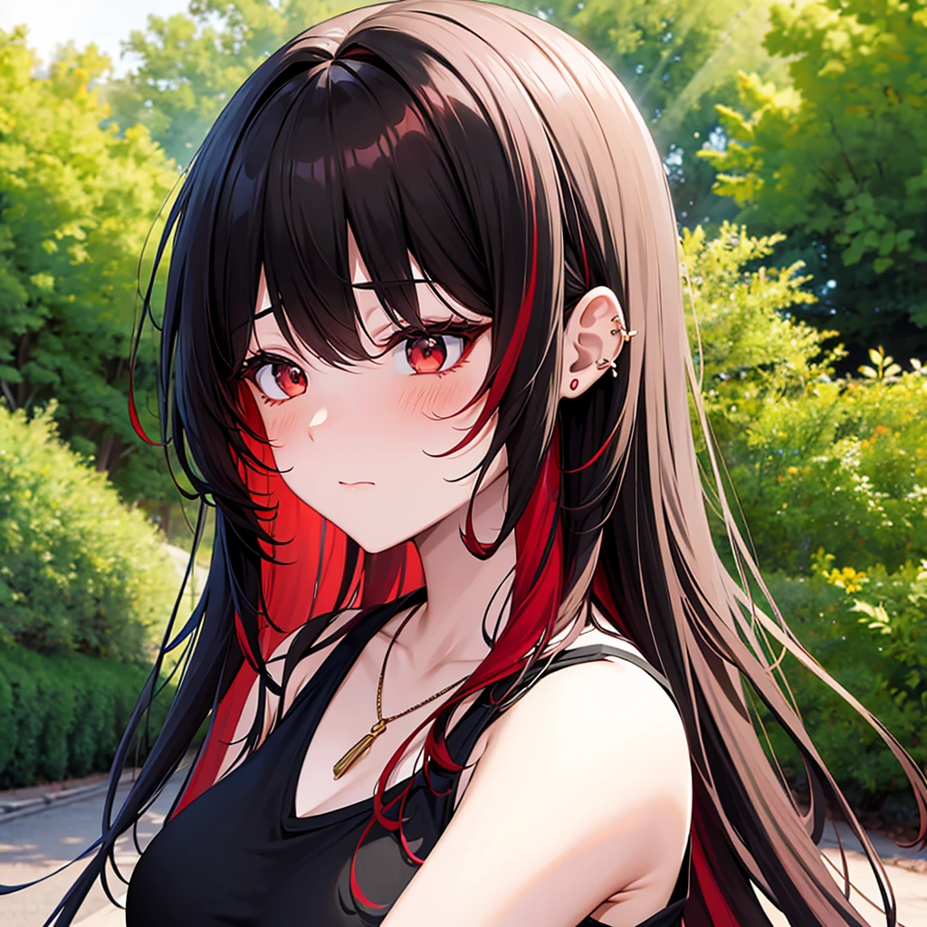 anime panel, upper body , 1girl,woman, Korean, long black curly hair with red highlights, red, slanted eyes, casual clothes, black tank top, ear piercing, necklace, hair illuminated by sunlight, park background,ashamed blushing,