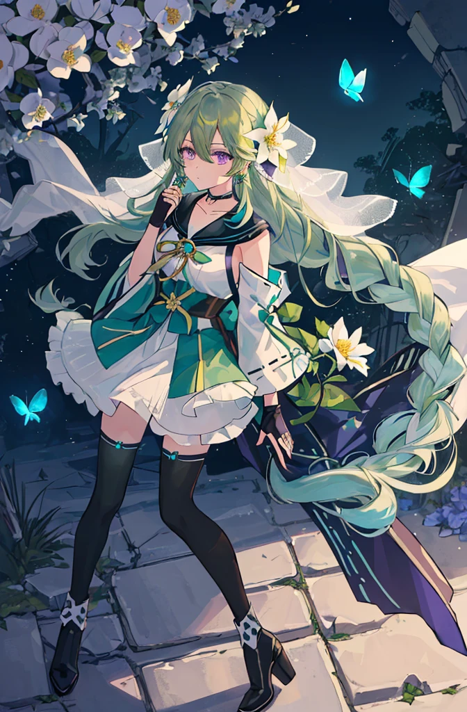(Masterpiece, Best Quality: 1.4), white Background, Long Hair, Jewelry, Earrings, Necklace, Bride, ((green Hair)), Halo, (Overlook), Dynamic Angle, Ultra Detailed, Illustration, Close Up, Direct Look, 1girl, (Fantasy: 1.4), (Purple Eyes: 1.233), Her Eyes Shine Like Dreamy Stars, (Glow Eyes: 1.233), (Beautiful and Delicate Eyes: 1.1), (green Hair: 1.4), (Messy Hair, Very Long Hair, French braids, hair between the eyes, side hair), (+(white hair flower: 1.14)), (chiffon dress, uniform white flower pattern)/= (military uniform: 1.24), (fingerless gloves), choker, (miko thighhighs), high heeled boots, (expressionless, shut up), (standing), (white flowers, blooming),(Ruins),(Night:1.2),dreamy,Soul,(fluorescent),(Flying Translucent Blue Butterfly:1.15),[Delicate Fingers and Hands:0.55]::0.85], (Finger Detail), (Yubao:0.5),((town background)),((full body)),((turquoise hair)),green hair,((green hair)),night,near the river,Walking in the distance,