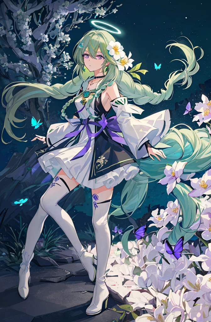 (Masterpiece, Best Quality: 1.4), white Background, Long Hair, Jewelry, Earrings, Necklace, Bride, ((green Hair)), Halo, (Overlook), Dynamic Angle, Ultra Detailed, Illustration, Close Up, Direct Look, 1girl, (Fantasy: 1.4), (Purple Eyes: 1.233), Her Eyes Shine Like Dreamy Stars, (Glow Eyes: 1.233), (Beautiful and Delicate Eyes: 1.1), (green Hair: 1.4), (Messy Hair, Very Long Hair, French braids, hair between the eyes, side hair), (+(white hair flower: 1.14)), (chiffon dress, uniform white flower pattern)/= (military uniform: 1.24), (fingerless gloves), choker, (miko thighhighs), high heeled boots, (expressionless, shut up), (standing), (white flowers, blooming),(Ruins),(Night:1.2),dreamy,Soul,(fluorescent),(Flying Translucent Blue Butterfly:1.15),[Delicate Fingers and Hands:0.55]::0.85], (Finger Detail), (Yubao:0.5),((town background)),((full body)),((turquoise hair)),green hair,((green hair)),night,near the river,Walking in the distance,