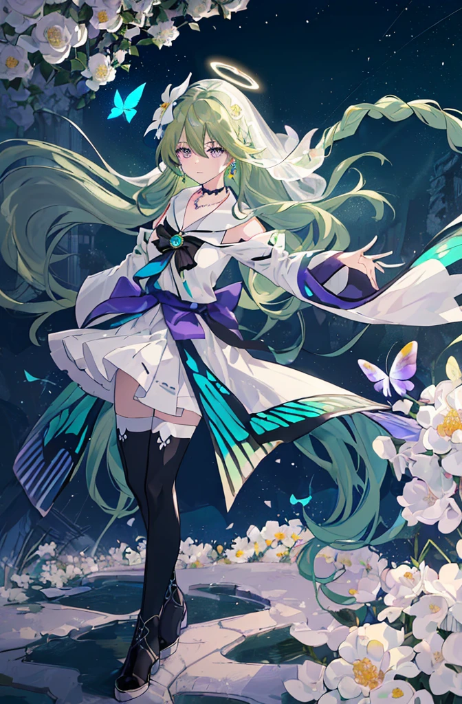 (Masterpiece, Best Quality: 1.4), white Background, Long Hair, Jewelry, Earrings, Necklace, Bride, ((green Hair)), Halo, (Overlook), Dynamic Angle, Ultra Detailed, Illustration, Close Up, Direct Look, 1girl, (Fantasy: 1.4), (Purple Eyes: 1.233), Her Eyes Shine Like Dreamy Stars, (Glow Eyes: 1.233), (Beautiful and Delicate Eyes: 1.1), (green Hair: 1.4), (Messy Hair, Very Long Hair, French braids, hair between the eyes, side hair), (+(white hair flower: 1.14)), (chiffon dress, uniform white flower pattern)/= (military uniform: 1.24), (fingerless gloves), choker, (miko thighhighs), high heeled boots, (expressionless, shut up), (standing), (white flowers, blooming),(Ruins),(Night:1.2),dreamy,Soul,(fluorescent),(Flying Translucent Blue Butterfly:1.15),[Delicate Fingers and Hands:0.55]::0.85], (Finger Detail), (Yubao:0.5),((town background)),((full body)),((turquoise hair)),green hair,((green hair)),night,near the river,Walking in the distance,