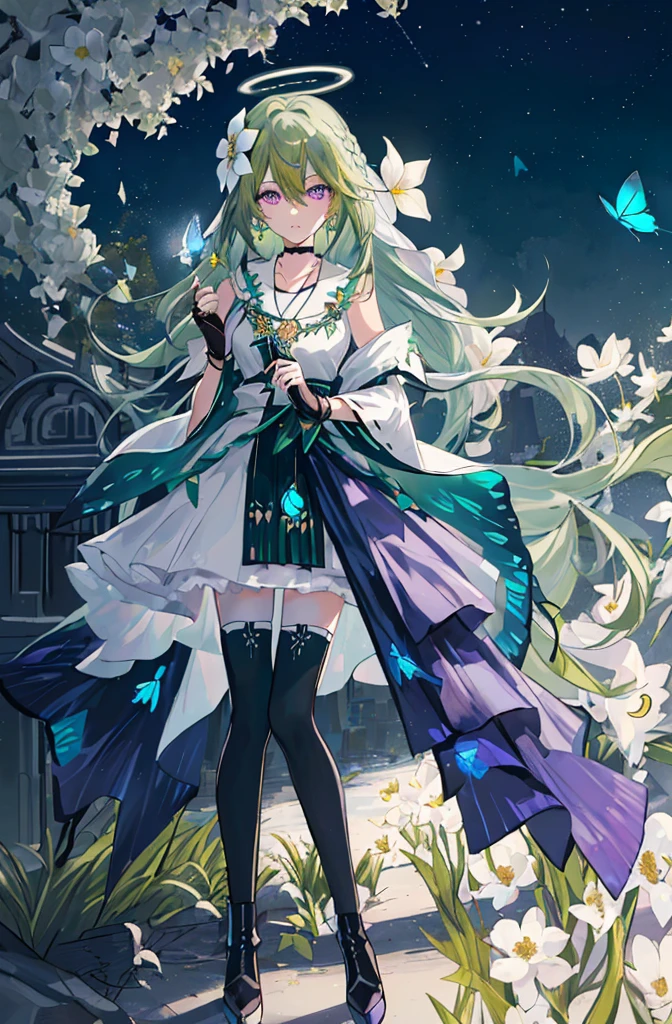 (Masterpiece, Best Quality: 1.4), white Background, Long Hair, Jewelry, Earrings, Necklace, Bride, ((green Hair)), Halo, (Overlook), Dynamic Angle, Ultra Detailed, Illustration, Close Up, Direct Look, 1girl, (Fantasy: 1.4), (Purple Eyes: 1.233), Her Eyes Shine Like Dreamy Stars, (Glow Eyes: 1.233), (Beautiful and Delicate Eyes: 1.1), (green Hair: 1.4), (Messy Hair, Very Long Hair, French braids, hair between the eyes, side hair), (+(white hair flower: 1.14)), (chiffon dress, uniform white flower pattern)/= (military uniform: 1.24), (fingerless gloves), choker, (miko thighhighs), high heeled boots, (expressionless, shut up), (standing), (white flowers, blooming),(Ruins),(Night:1.2),dreamy,Soul,(fluorescent),(Flying Translucent Blue Butterfly:1.15),[Delicate Fingers and Hands:0.55]::0.85], (Finger Detail), (Yubao:0.5),((town background)),((full body)),((turquoise hair)),green hair,((green hair)),night,near the river,Walking in the distance,