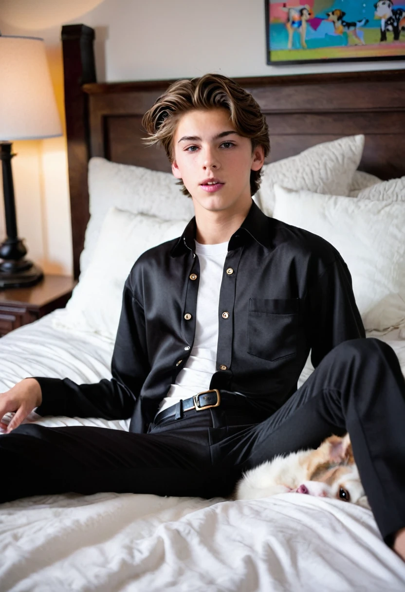 Prompt: 18 year old Caucasian boy with brown eyes, brown medium. wearing a black and white buttoned up shirt, black slack pants. he is in his bedroom laying in a bed with his legs spread wide open , gets licked by a dog