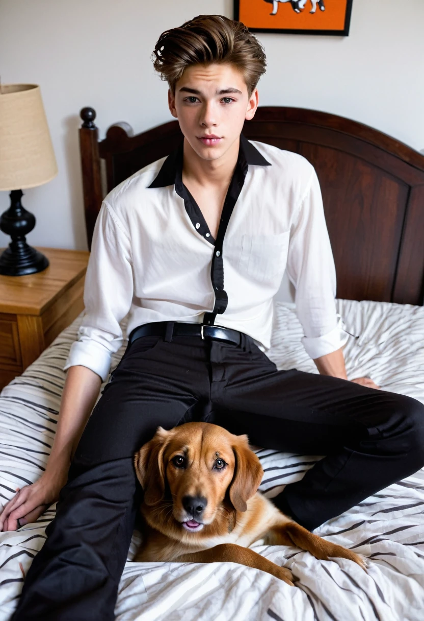 Prompt: 18 year old Caucasian boy with brown eyes, brown medium.  wearing a black and white buttoned up shirt, black slack pants.  he is in his bedroom laying in a bed with his legs spread wide open , gets licked by a dog