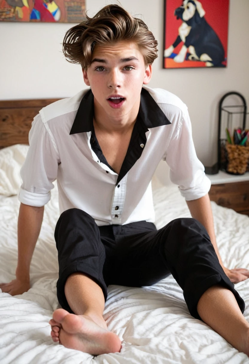 Prompt: 18 year old Caucasian boy with brown eyes, brown medium. wearing a black and white buttoned up shirt, black slack pants. he is in his bedroom laying in a bed with his legs spread wide open , gets licked by a dog