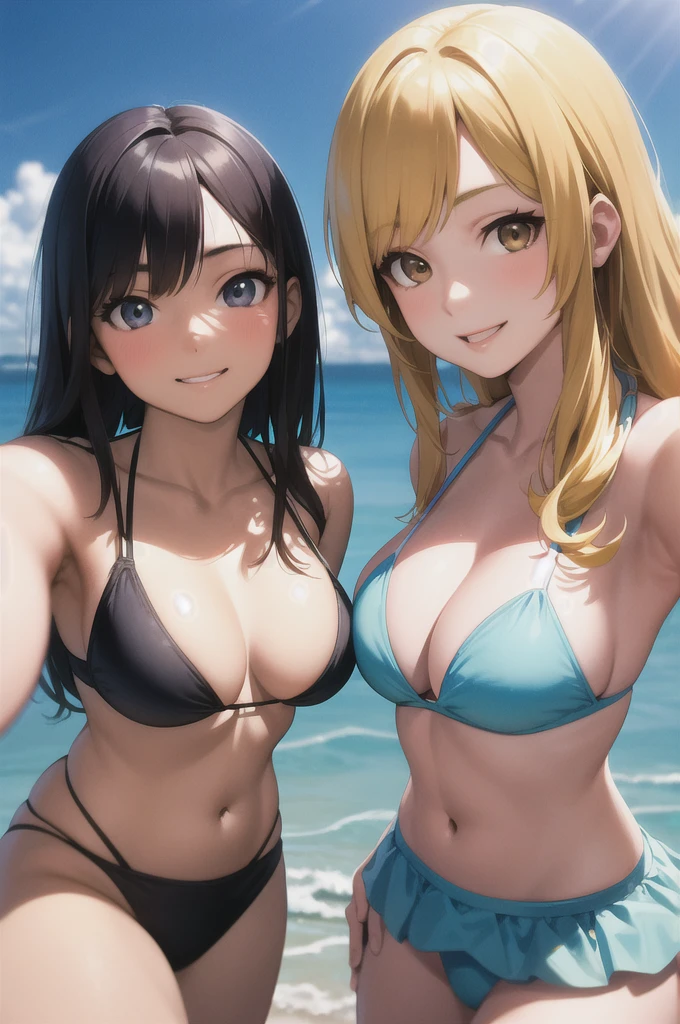 Realistic, 3 beautiful Japanese gals, Selfie, Face Enhancement, Face Zoom, Big smile, Long blonde hair, Wavy Hair, Dark Skin, Beach, bikini, Looking up from below