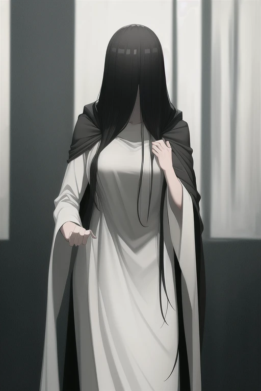 ((masterpiece)), (best quality), (absurdres), black hair, yamamura_sadako, (black obi), (grey skin), hair over eyes, eyes covered, looking at viewer, cape, long cape, body cape, cloak covered body