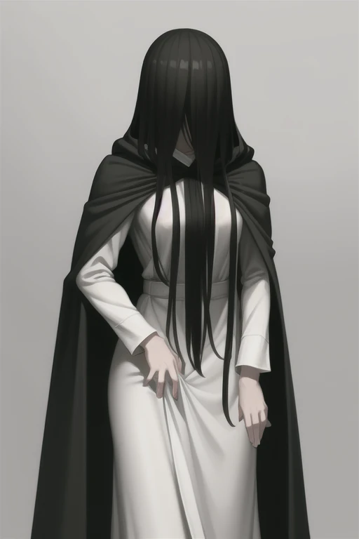 ((masterpiece)), (best quality), (absurdres), black hair, yamamura_sadako, (black obi), (grey skin), hair over eyes, eyes covered, looking at viewer, cape, long cape, body cape, cloak covered body 