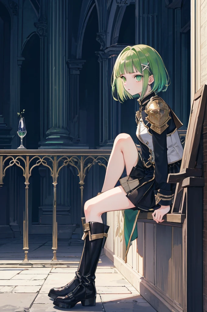 [(with a cathedral background:1.4)::5],original,(shape:1.1),(highest quality),(Tabletop:1.1),(Highly detailed CG Unity 8k wallpaper:1.1), (colorful:0.9),(Mid Shot:0.95),(very detailed beautiful whole body),Dynamic Angle,(alone:1.2), (girl),(((Adult))), (Beautiful eyes in every detail:1.15), (Beautiful Face:1.15), (Glowing green eyes:1.25////),(Gemstone Eyes),(Green Short Hair),(Blunt bangs),((The girl wear a black knight uniform)),Realistic,, girl,Green Hair,((Black long boots)), Black mini skirt,Black knee socks(rage),(Contempt and contempt),rage,(beautiful slender girl),((Adult)),((whole body)),Valkyrie, Decorations,((Thin legs)),((slender girl)),Front Angle,Front Angle,(night),