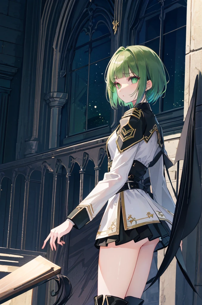 [(with a cathedral background:1.4)::5],original,(shape:1.1),(highest quality),(Tabletop:1.1),(Highly detailed CG Unity 8k wallpaper:1.1), (colorful:0.9),(Mid Shot:0.95),(very detailed beautiful whole body),Dynamic Angle,(alone:1.2), (girl),(((Adult))), (Beautiful eyes in every detail:1.15), (Beautiful Face:1.15), (Glowing green eyes:1.25////),(Gemstone Eyes),(Green Short Hair),(Blunt bangs),((The girl wear a black knight uniform)),Realistic,, girl,Green Hair,((Black long boots)), Black mini skirt,Black knee socks(rage),(Contempt and contempt),rage,(beautiful slender girl),((Adult)),((whole body)),Valkyrie, Decorations,((Thin legs)),((slender girl)),Front Angle,Front Angle,(night),