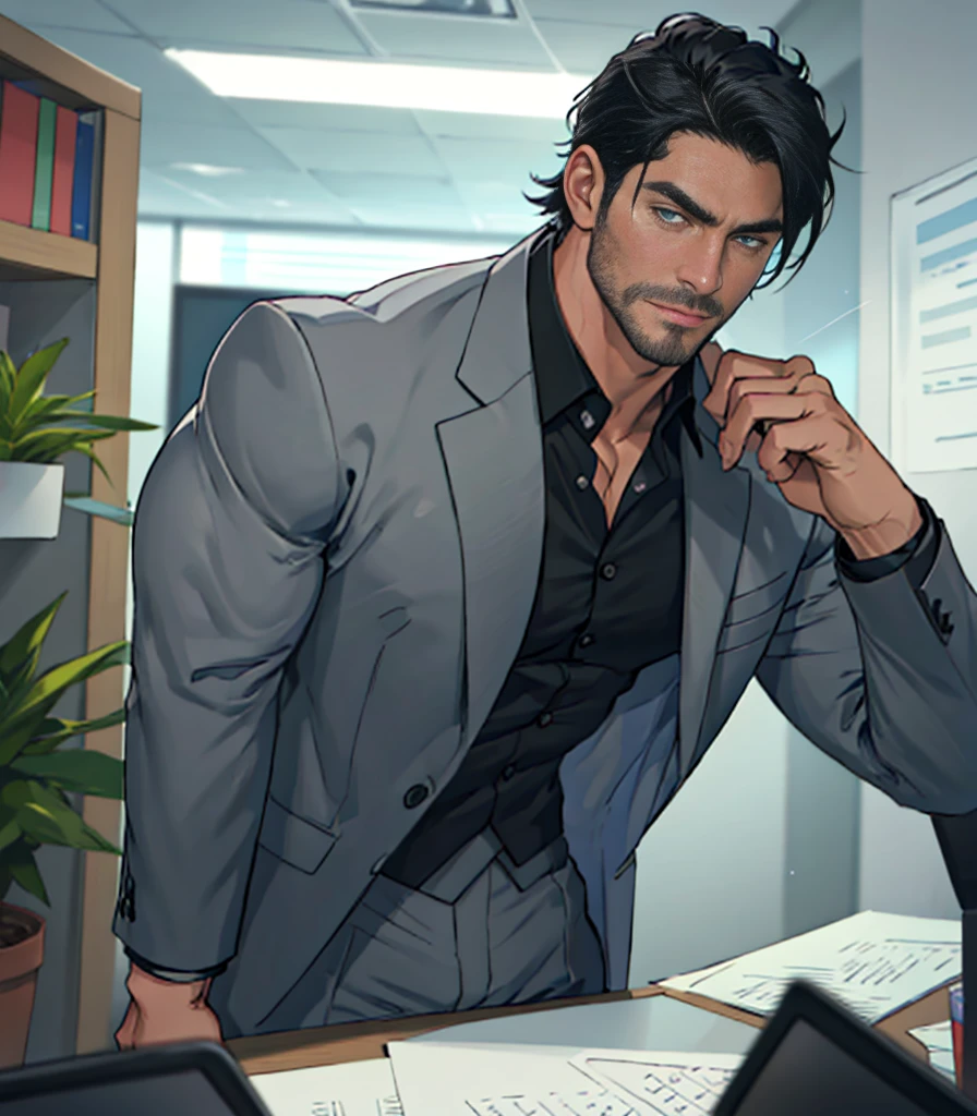 One man, Ruggedly handsome older man DILF, with black hair. Dominant, Confident, portrait shot. Stood in opulant office, wearing a tight suit, 8k