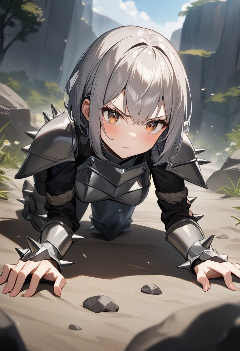 1girl, on all fours, serious, wearing a gray rock armor, medium breasts, spiky short hair, gray hair, brown eyes, rough rocky terrain, masterpiece quality, ultra HD, 4K, best quality,
