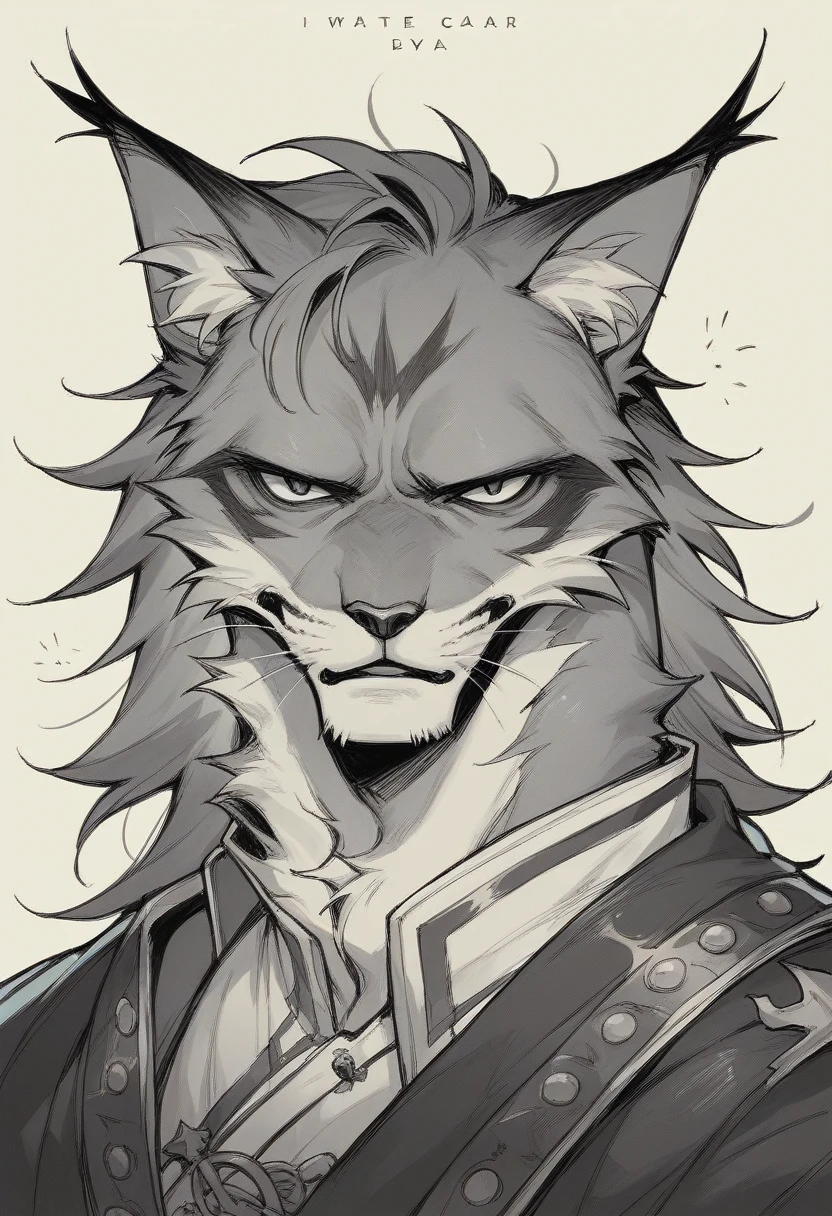 Black and white image of a stately and majestic warrior cat with Sasuke, the master of cats, written in bold red text on the cat's chest in clear writing.