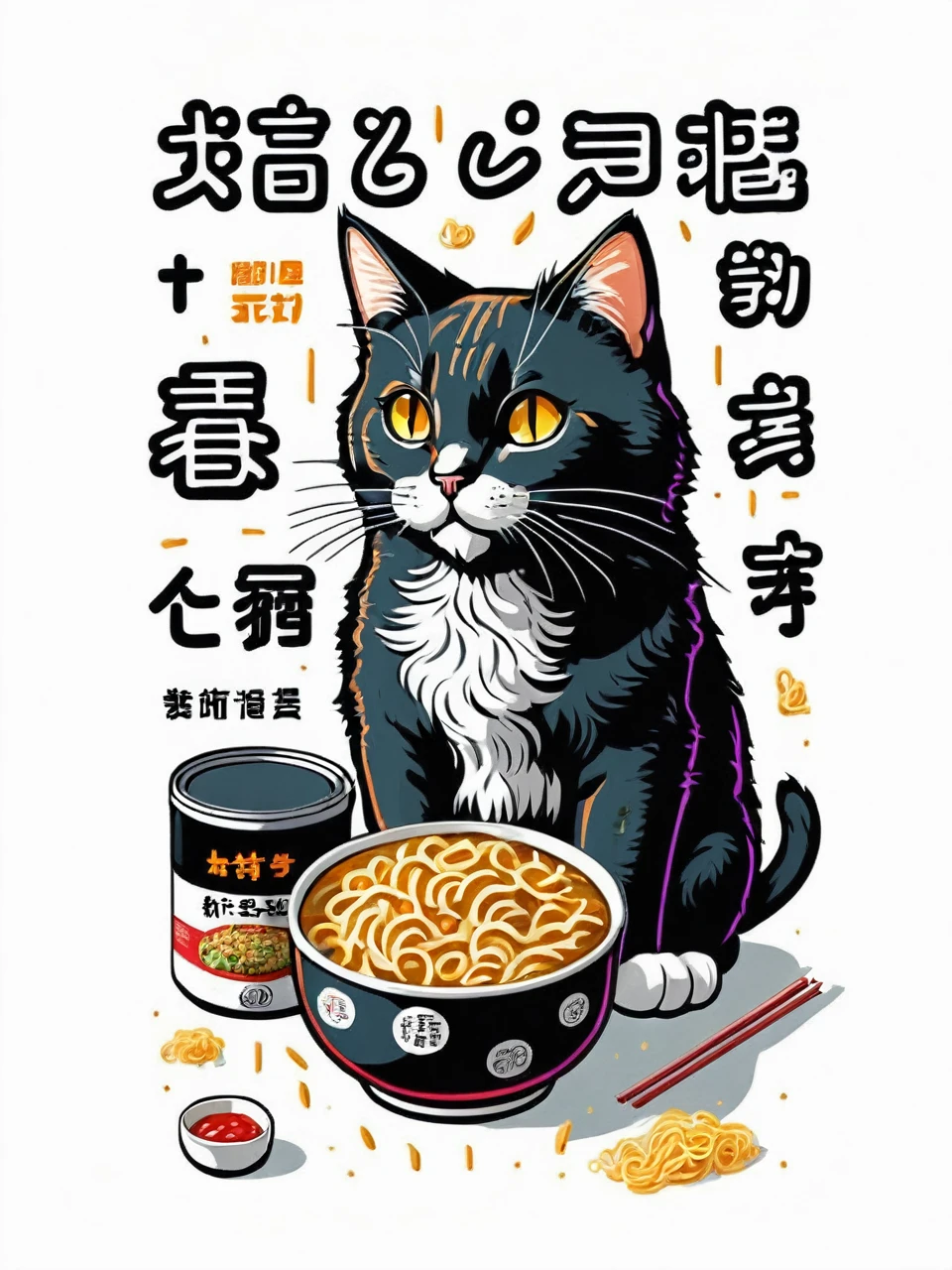 Cat eating instant noodles, comics style illustration, oversimplified, simple background