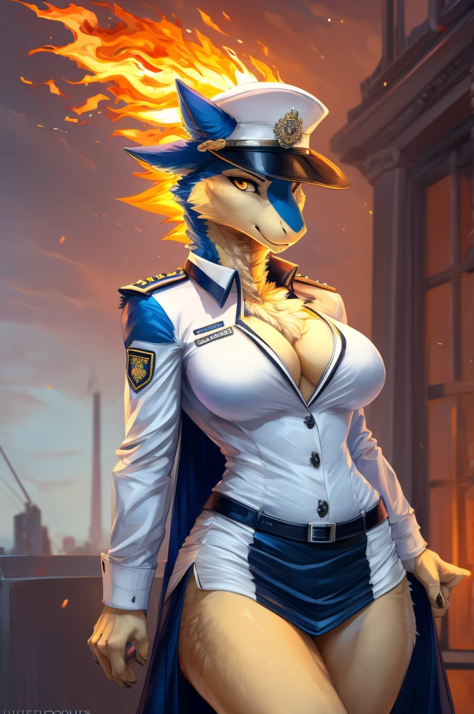 (masterpiece:1.2), (best quality:1.4), beautiful, high quality, (highres:1.1), detailed, extremely detailed 4K, perfect face, perfect lighting, (1girl, solo, adult female, mature female), (by bastika, by cutesexyrobutts, by hioshiru)
Typhlosion,
(fluffy fur, detailed fur, yellow eyes), muscular, (slim:1.4), (thin:1.3), (tall:1.2), [blue fur], fang, military uniform, breasts, tight clothes, black tight skirt, (stern face), looking at viewer, white background,
OfficerA, dress jacket, tassels, OffierA military hat, (fire neck:1.2), epaulets, collared_shirt, thigh gap, (white uniform:1.5) holding beer