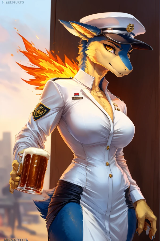 (masterpiece:1.2), (best quality:1.4), beautiful, high quality, (highres:1.1), detailed, extremely detailed 4K, perfect face, perfect lighting, (1girl, solo, adult female, mature female), (by bastika, by cutesexyrobutts, by hioshiru)
Typhlosion,
(fluffy fur, detailed fur, yellow eyes), muscular, (slim:1.4), (thin:1.3), (tall:1.2), [blue fur], fang, military uniform, breasts, tight clothes, black tight skirt, (stern face), looking at viewer, white background,
OfficerA, dress jacket, tassels, OffierA military hat, (fire neck:1.2), epaulets, collared_shirt, thigh gap, (white uniform:1.5) holding beer