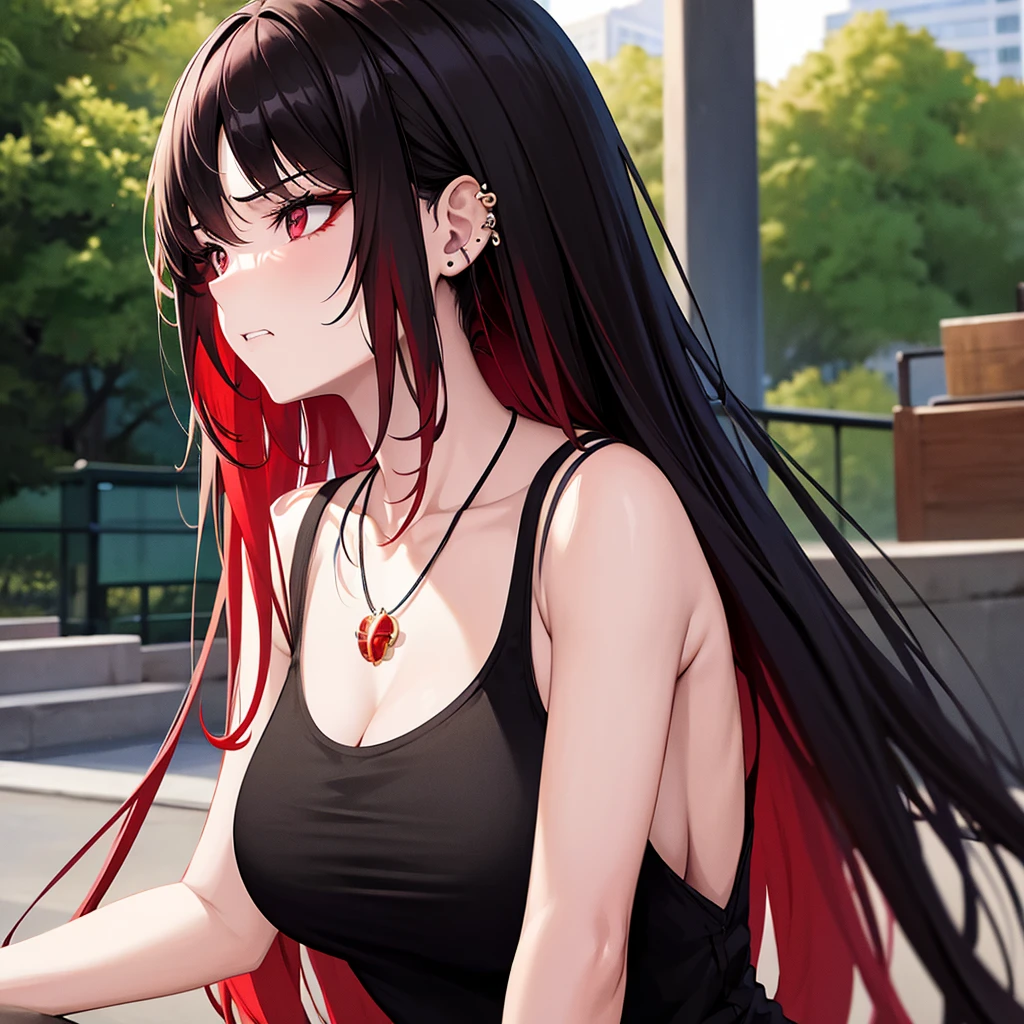 anime panel, upper body , 1girl,woman, Korean, long black curly hair with red highlights, red, slanted eyes, casual clothes, black tank top, ear piercing, necklace, hair illuminated by sunlight, park background, very angry