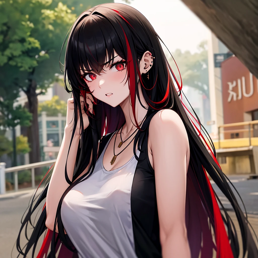 anime panel, upper body , 1girl,woman, Korean, long black curly hair with red highlights, red, slanted eyes, casual clothes, black tank top, ear piercing, necklace, hair illuminated by sunlight, park background, very angry