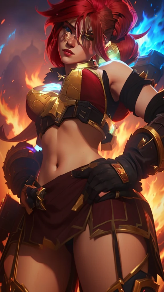 a close up of a woman with a sword and a fire in the background, alexstrasza, extremely detailed artgerm, miss fortune, brigitte from overwatch, katarina, miss fortune league of legends, brigitte, deviantart artstation cgscosiety, inspired by rossdraws, redhead queen in heavy red armor, wlop and rossdraws