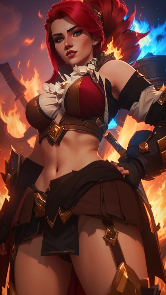 a close up of a woman with a sword and a fire in the background, alexstrasza, extremely detailed artgerm, miss fortune, brigitte from overwatch, katarina, miss fortune league of legends, brigitte, deviantart artstation cgscosiety, inspired by rossdraws, redhead queen in heavy red armor, wlop and rossdraws