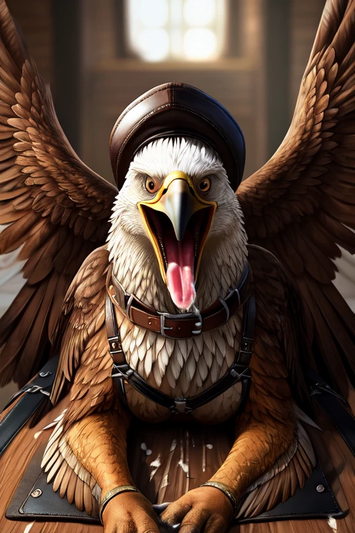 feathered eagle body lying down on the table. Wings spread out and Strapped to the table with leather straps. Mouth wide open with no teeth and fangs and tooth. Milk dripping out of mouth splattering onto the table. Milk inside mouth. Close up, Photorealistic. Head tied down to the table. Leather harness on head