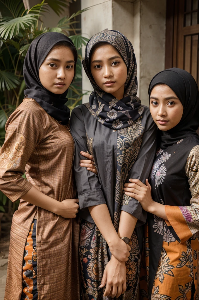 3 orang kaka beradik,perempuan umur 50 tahun berhijab memakai baju batik,laki laki umur 44 tahun memakai baju batik,laki laki umur 40 tahun memakai baju batik.