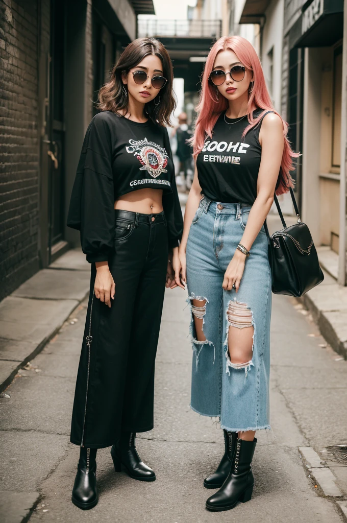 (CG extremamente detalhado, melhor qualidade:1.1),1 garota,seios enormes,olhos vermelhos cristais, cabelo curto claro,sunglasses,blusa preta curta, black wide pants, botas escuras, conversando com o Satoru gojo