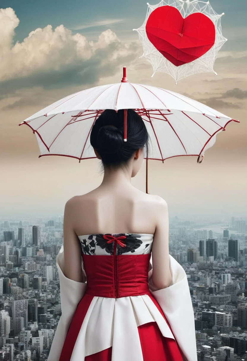 **Horizontal triptych Fusion Collage, multiple Exposure (Japanese Skyline, Heart, Love, Umbrella, Beauty), maximalist Environment, surreal Geisha Illusion portrait, minimalist and ethereal, Red black white, boundaries dissolve the face of a woman in quiet contemplation, the delicate features disappear at the edges, dadaism woven through the simplistic forms abstract dreamscapes that echo surrealism woven through bizarre neoclassical simplicity