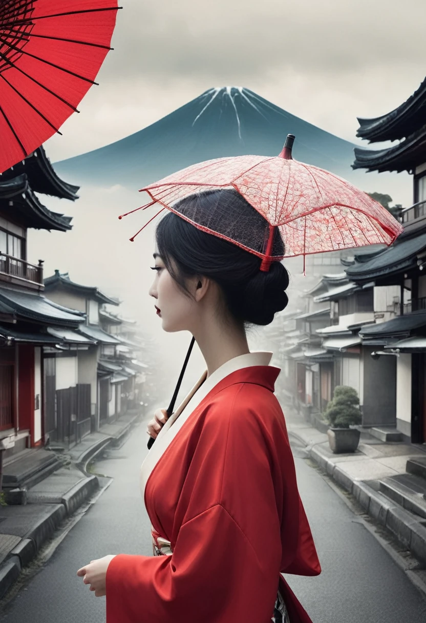**Horizontal triptych Fusion Collage, multiple Exposure (Japanese Skyline, Heart, Love, Umbrella, Beauty), maximalist Environment, surreal Geisha Illusion portrait, minimalist and ethereal, Red black white, boundaries dissolve the face of a woman in quiet contemplation, the delicate features disappear at the edges, dadaism woven through the simplistic forms abstract dreamscapes that echo surrealism woven through bizarre neoclassical simplicity
