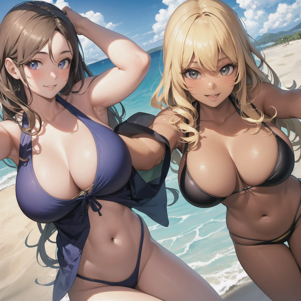 Realistic, 3 beautiful Japanese gals, Selfie, Face Enhancement, Face Zoom, Big smile, Long blonde hair, Wavy Hair, Dark Skin, Beach, bikini, Looking up from below