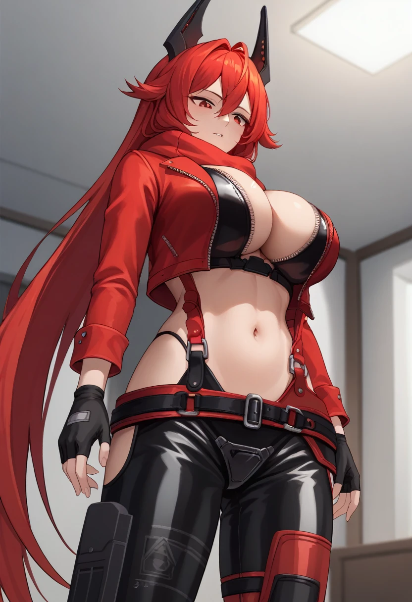 room, indoors, looking down,score_9, score_8_up, score_7_up, source_anime BREAK 1girl, solo, nikkeredhood, red hair, long hair, headgear, red eyes, blank stare, parted lips, half-closed eyes, red scarf, crop jacket, red jacket, black shrug \(clothing\), navel, midriff, zipper, cleavage, large breasts, fingerless gloves, belt, black pants, asymmetrical legwear, hip vent, standing, looking at viewer, disgusting face