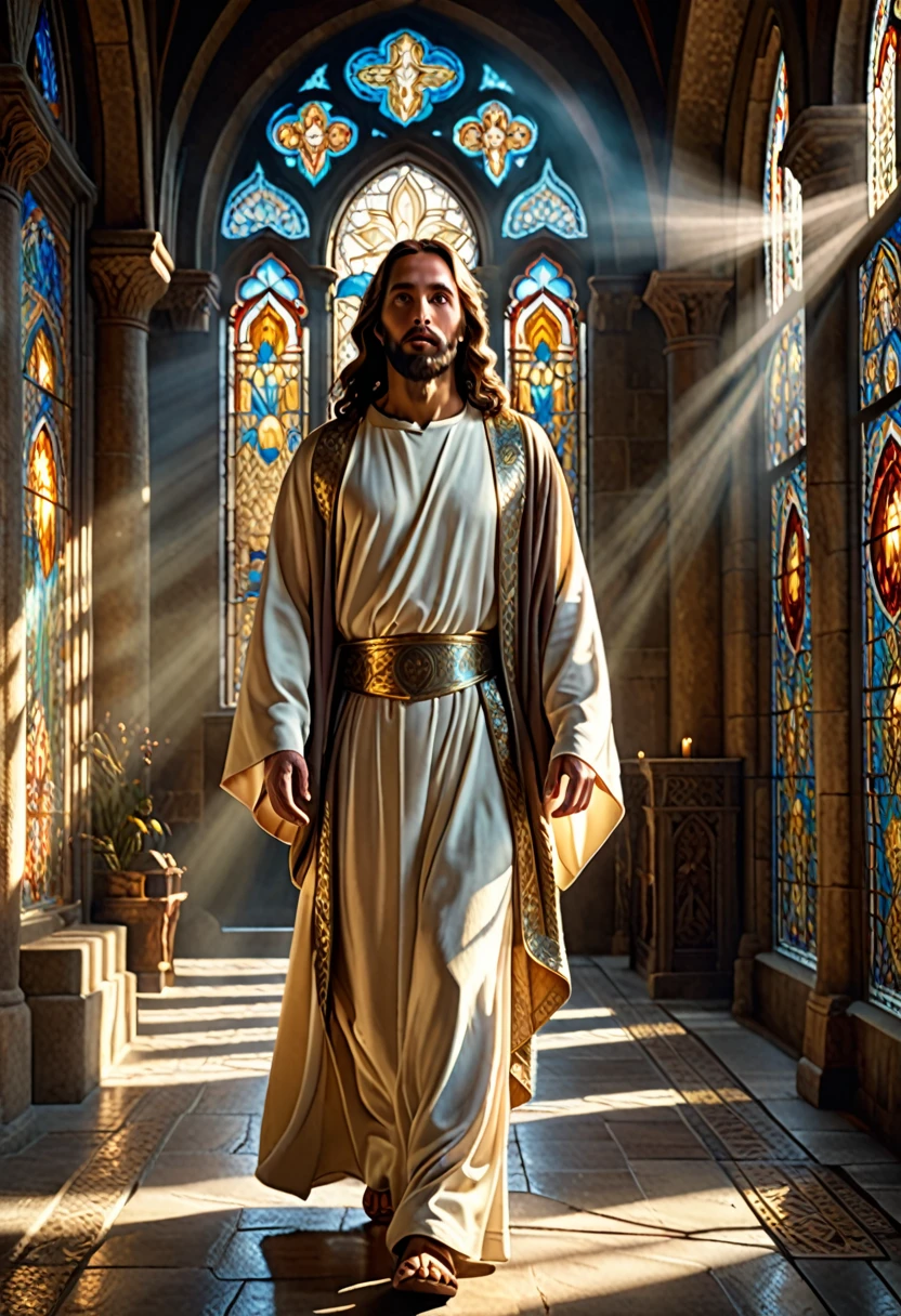 a serene religious scene, a depiction of jesus christ walking, incredibly detailed face and robes, ethereal lighting, intricate religious imagery, glowing divine aura, ornate medieval architecture, stained glass windows, dramatic chiaroscuro lighting, muted color palette, sacred religious atmosphere, masterpiece, ultra-detailed, photorealistic, 8k, highly realistic, cinematic lighting, dramatic composition, emotional expressiveness