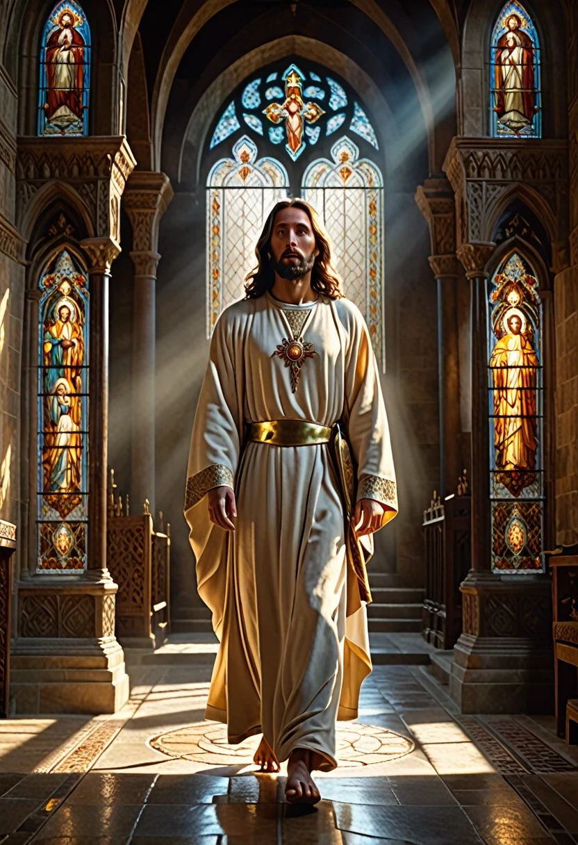 a serene religious scene, a depiction of jesus christ walking, incredibly detailed face and robes, ethereal lighting, intricate religious imagery, glowing divine aura, ornate medieval architecture, stained glass windows, dramatic chiaroscuro lighting, muted color palette, sacred religious atmosphere, masterpiece, ultra-detailed, photorealistic, 8k, highly realistic, cinematic lighting, dramatic composition, emotional expressiveness