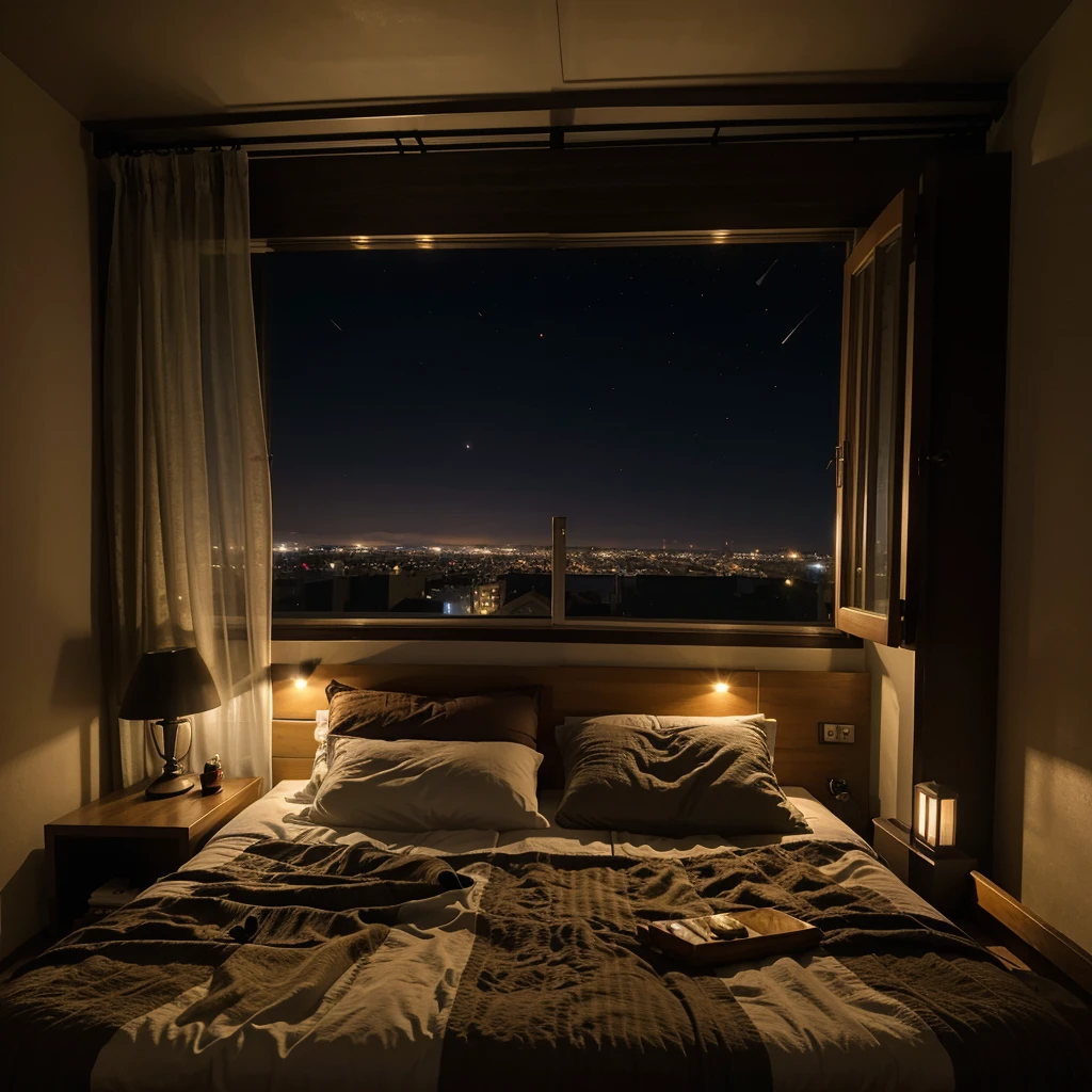 Habitacion, cama al lado de la ventana, con una vista hermosa, de noche, oscuro