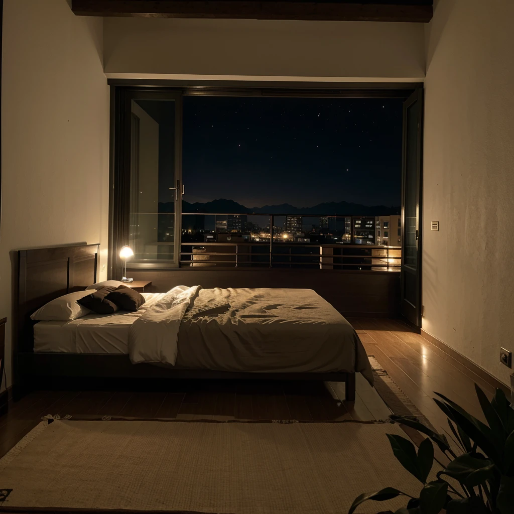 Habitacion, cama al lado de la ventana, con una vista hermosa, de noche, oscuro