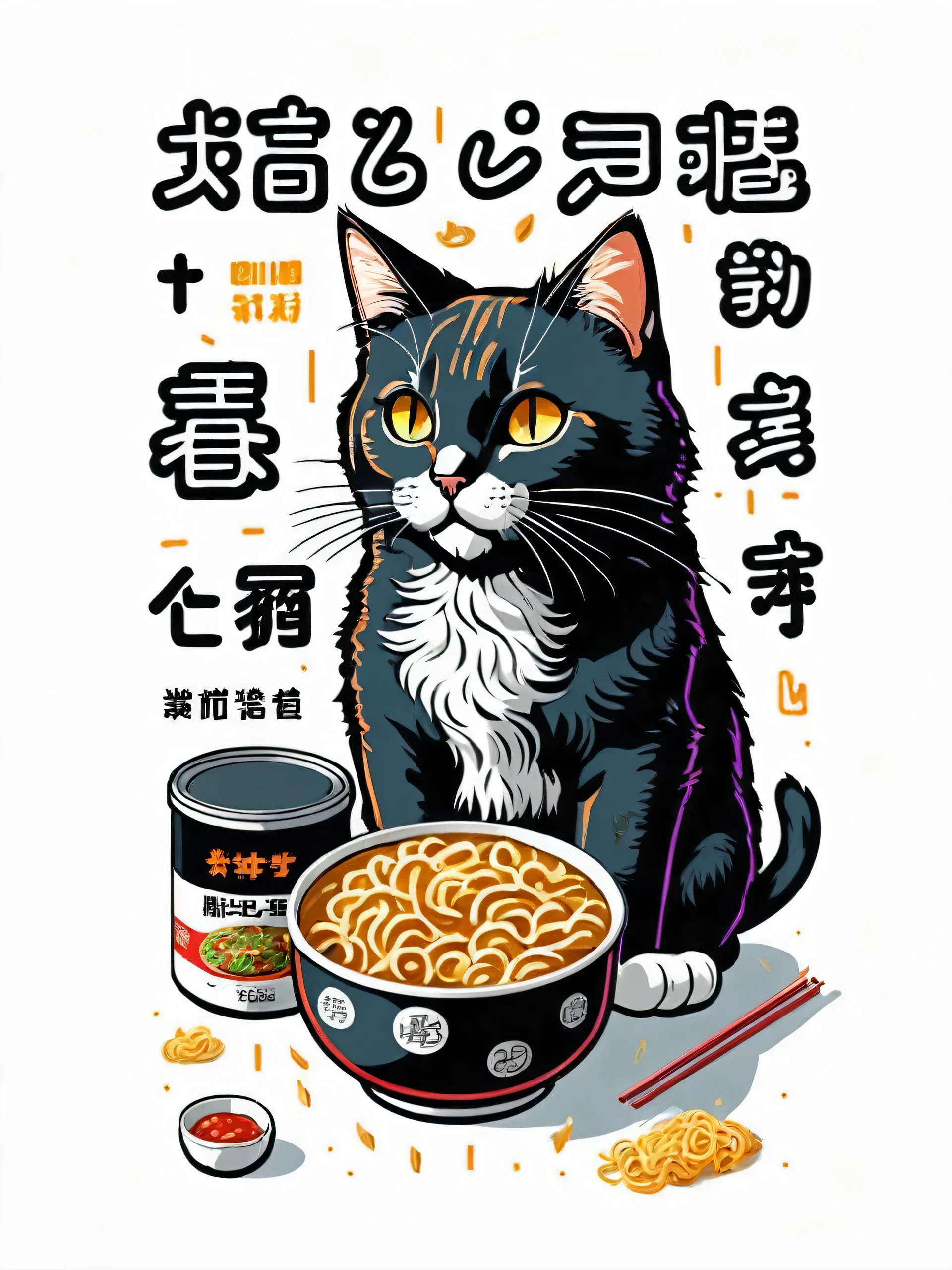 Cat eating instant noodles, comics style illustration, oversimplified, simple background
