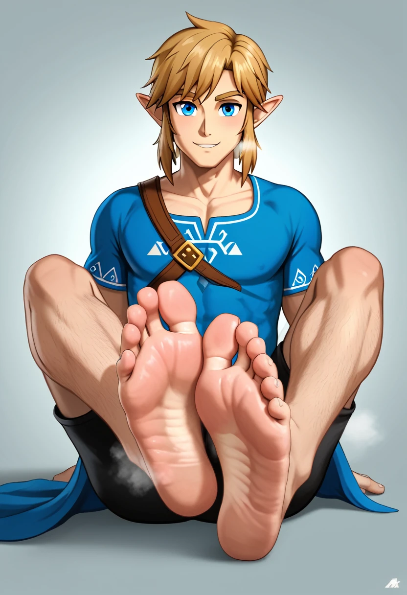 Link from Zelda games, detailed feet, foot fetish, soles, toes, beautiful face, wrinkled soles, stinky feet, stink steam, blond hairs, :D , beautiful blue eyes, penis out of clothes, sexy male character . Masterpiece, 4k, ultra detailed soles, ultra detailed face, beautiful hair, two feet, fives toes. plain background. UHD