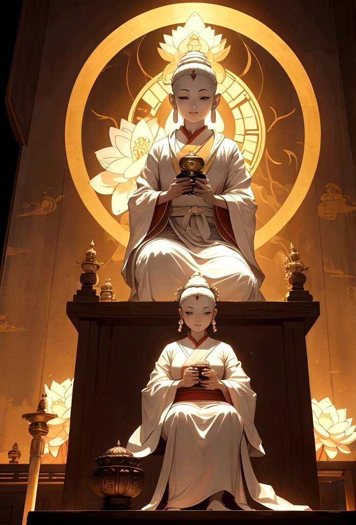 (Chinese hermit), (Buddhism), multi_Useful Stories), (Buddha), She is sitting on a lotus, ( Symmetrical),(Delicate and beautiful face), (White silk robe)Sitting on a lotus flower, Front view,A light smile, neoclassicism, About Art, Chiaroscuro, Cinema Lighting, Divine Light, Ray Tracing, Character Sheet, projected inset, First Person View, Hyper HD, masterpiece, Accurate, Textured skin, Super detailed, Attention to detail, high quality, Awards, 最high quality, High resolution, 8k