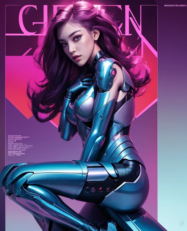 Feminine cyborg, magazine cover, poster art , hint of vibrant, bold sexy text