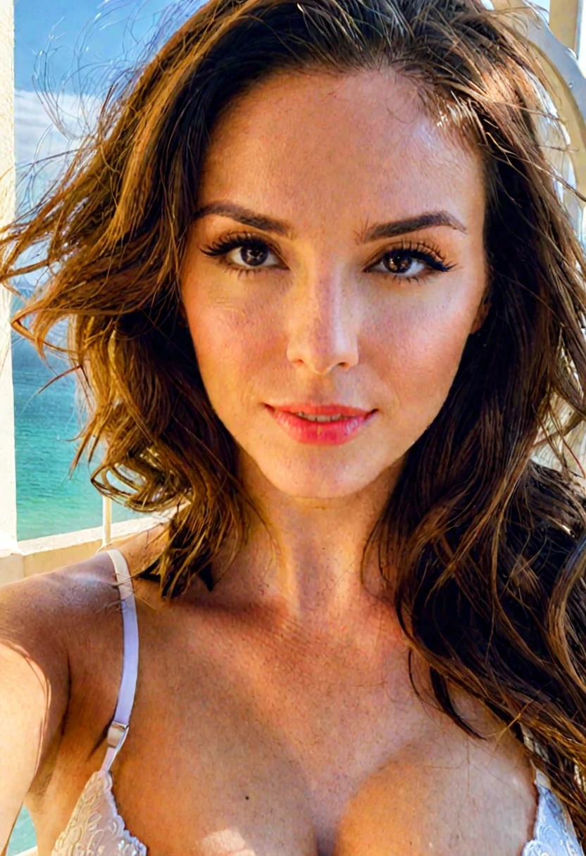 A brunette woman in a selfie dressed in a white bra on a balcony where we see a beach behind