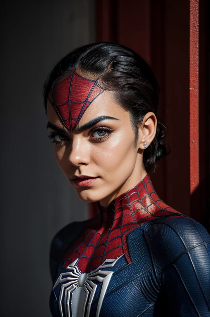 A photograph of Spider-Man., sin mascara, the 20s, elegante, cara detallada, looking to the camera, retrato, 8k hd, alta calidad sexy con piercing ropa cool y sin ropa