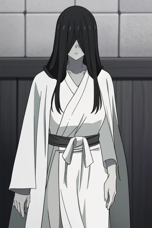 ((masterpiece)), (best quality), (absurdres), black hair, yamamura_sadako, (white robe, black obi), (grey skin), hair over eyes, eyes covered, looking at viewer, cape, long cape, body cape,